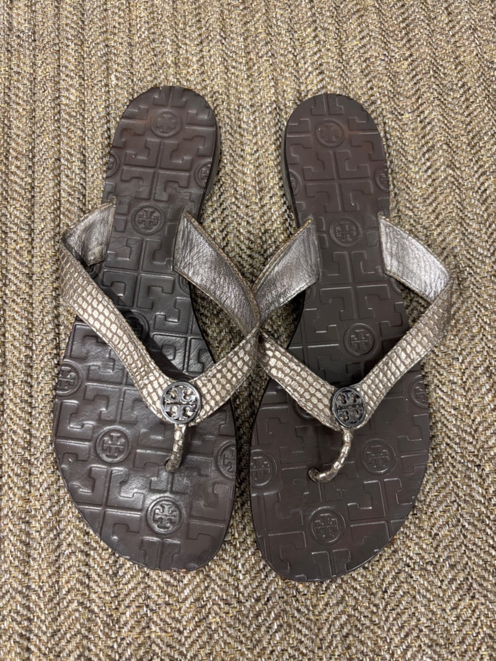 Tory Burch Metallic Bronze Logo Thong Sandals